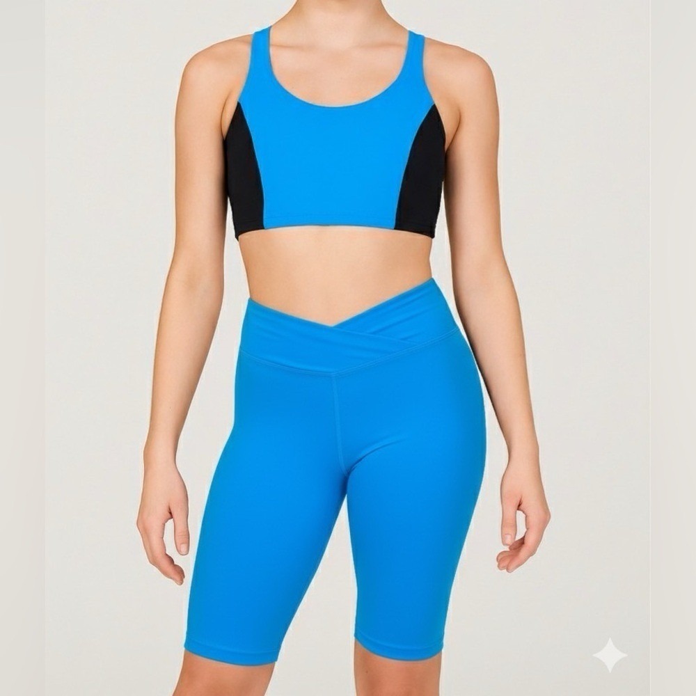 AXS Theatricals blue black 2 piece dance set bike shorts crop top tank adult XS